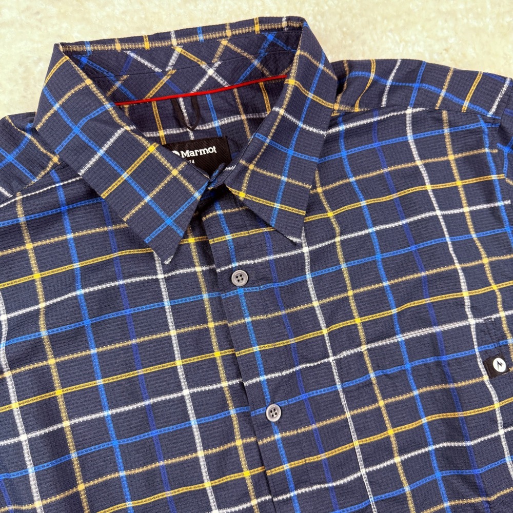 Marmot Mens Short Sleeve Plaid Hiking‎ Shirt Navy Blue Yellow 42170 Large